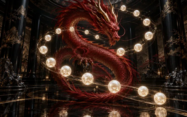 Original editorial art of a crimson dragon encircled by fifteen luminous pearls