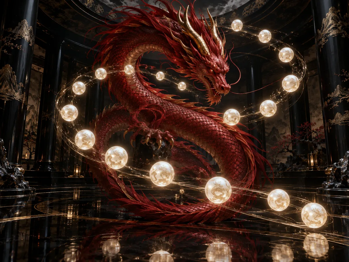 Original editorial art of a crimson dragon encircled by fifteen luminous pearls