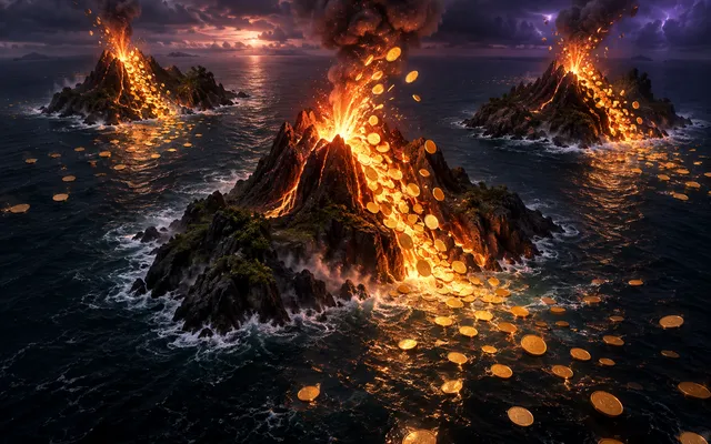 Original aerial art of three volcanic islands erupting blank metallic discs