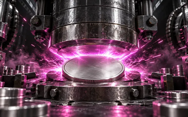 Original editorial art of a precision press striking a blank silver medallion with magenta energy