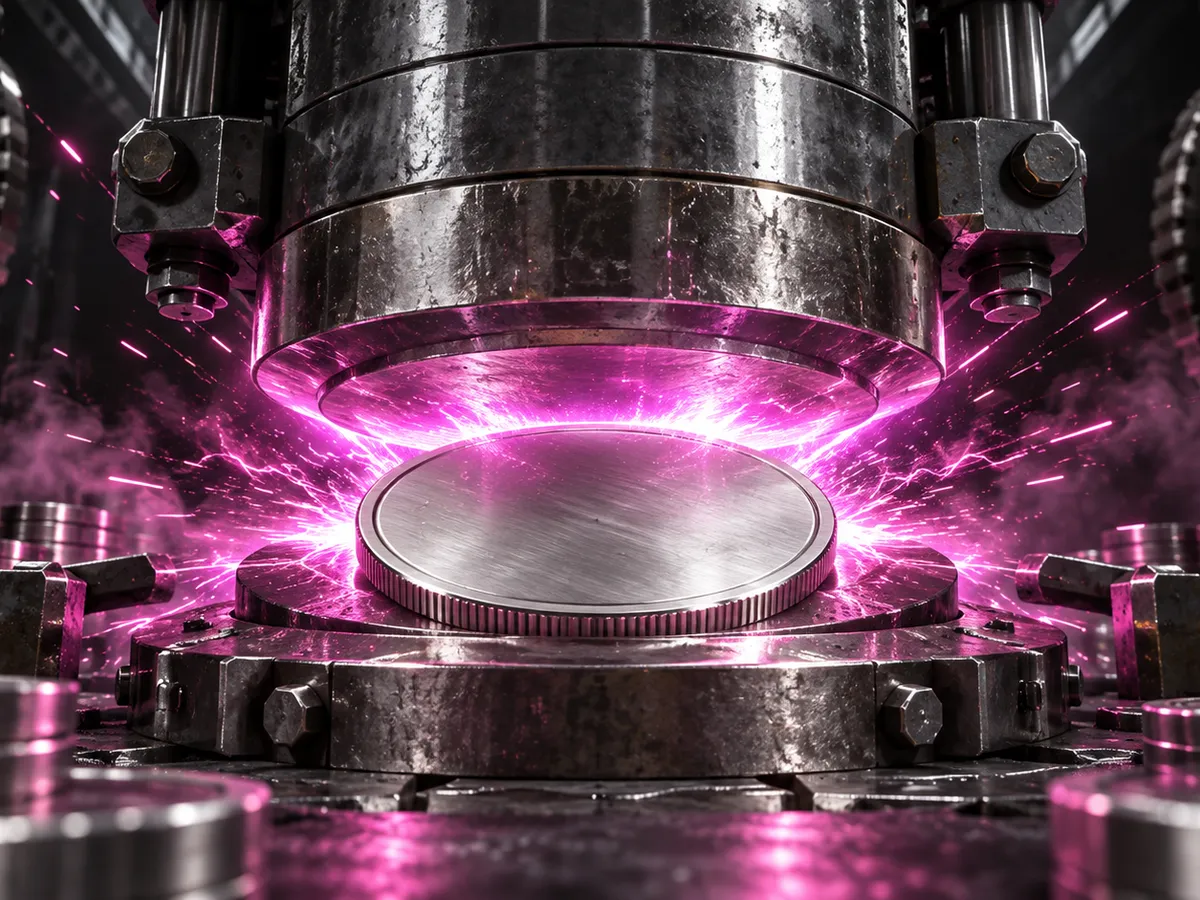 Original editorial art of a precision press striking a blank silver medallion with magenta energy