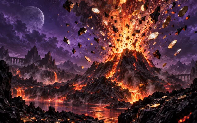 Original editorial art of a volcano erupting incandescent blank metal discs