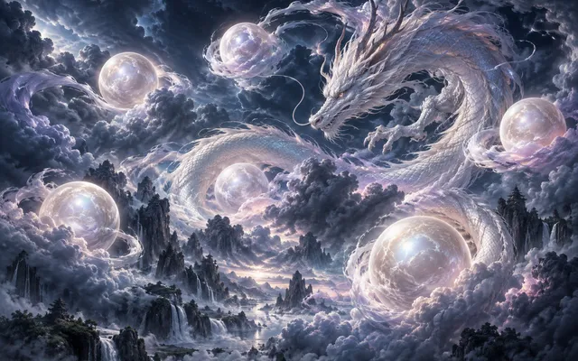 Original editorial art of a white sky dragon weaving among five luminous pearls
