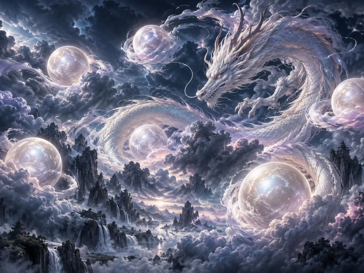 Original editorial art of a white sky dragon weaving among five luminous pearls