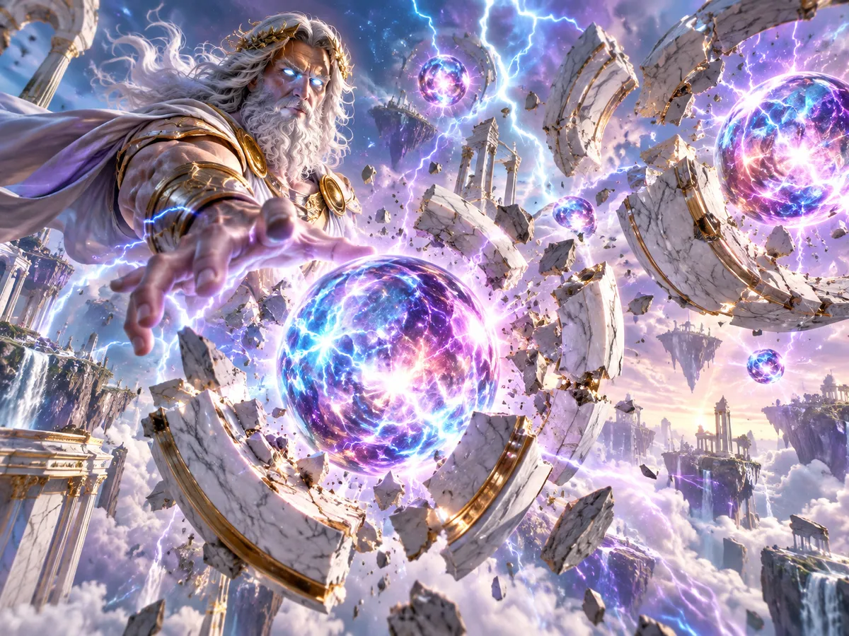 Original editorial art of prismatic storm orbs breaking through marble rings