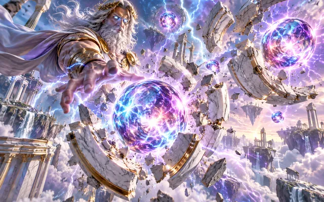 Original editorial art of prismatic storm orbs breaking through marble rings
