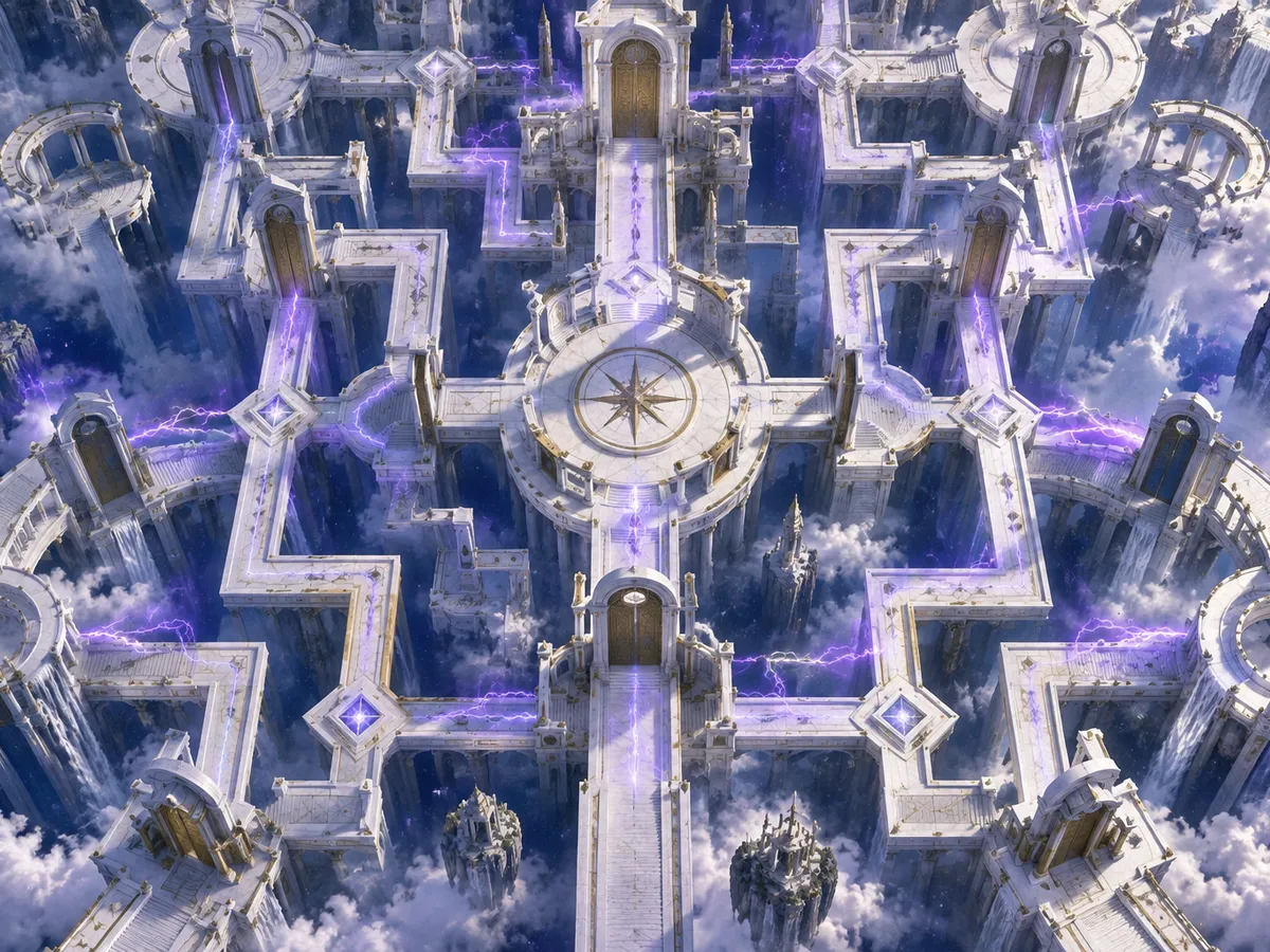 Original top-down editorial art of white marble gates traced by ultraviolet lightning