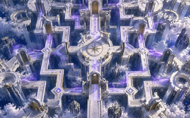 Original top-down editorial art of white marble gates traced by ultraviolet lightning
