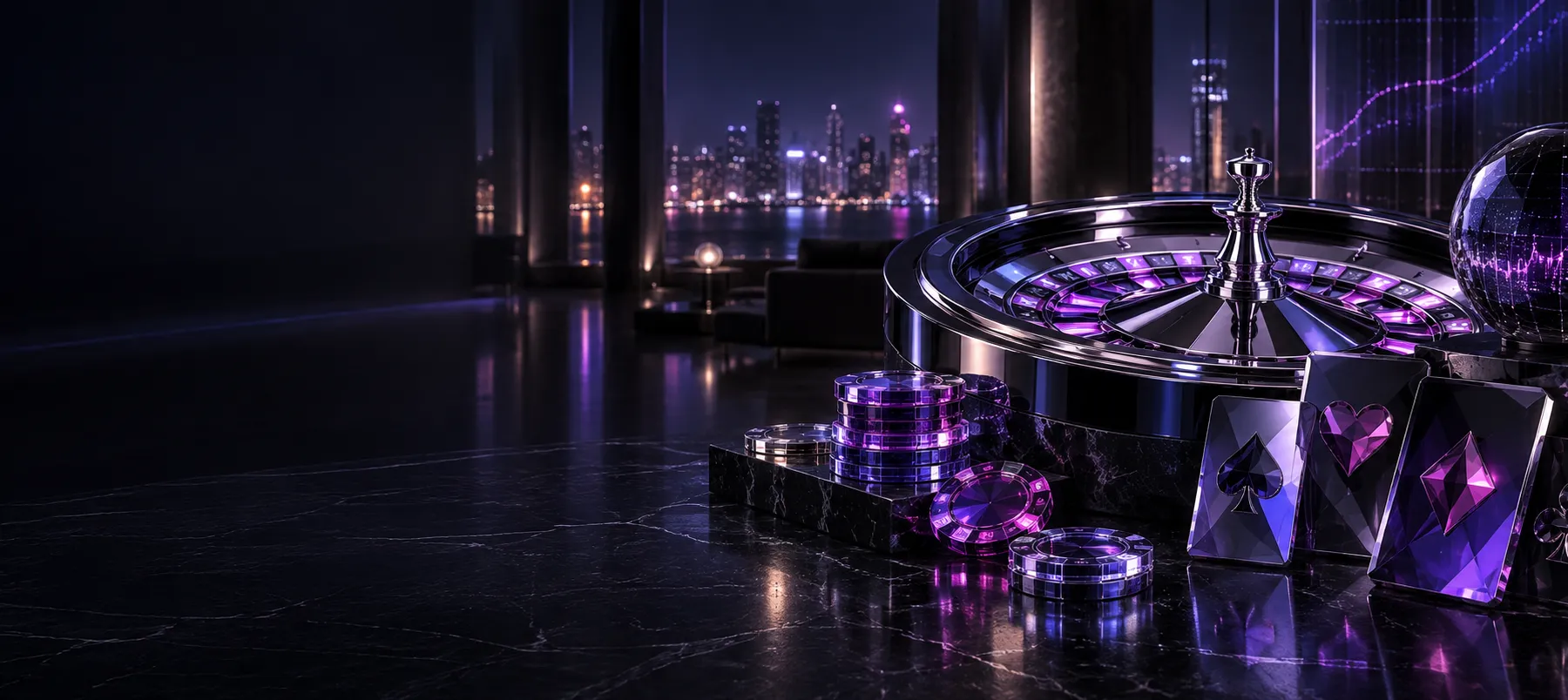 Casino evidence room with chrome roulette wheel and violet data light
