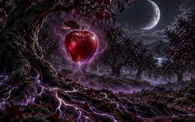Original editorial art of a glowing red apple floating in a midnight orchard