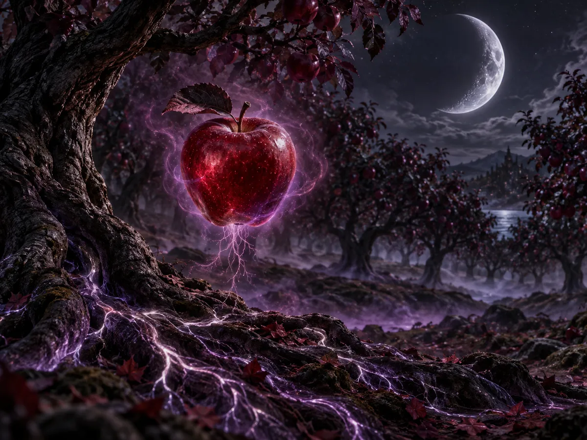 Original editorial art of a glowing red apple floating in a midnight orchard