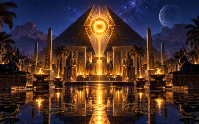 Original editorial art of an obsidian pyramid with a radiant solar eye