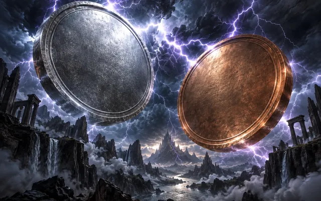 Original editorial art of enormous blank silver and copper medallions in a lightning storm