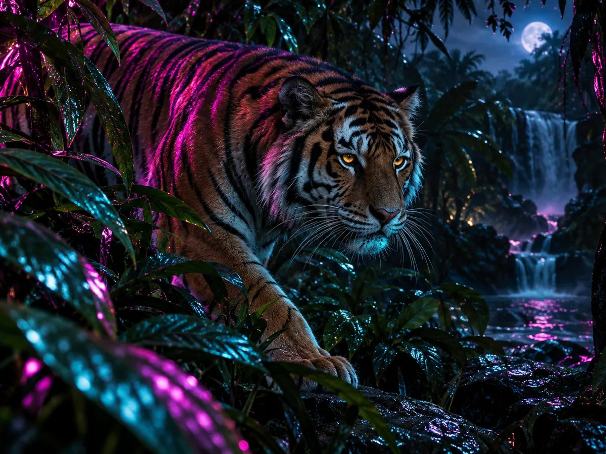Original editorial art of a tiger crossing a neon-lit rainforest at night
