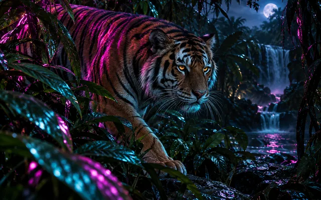 Original editorial art of a tiger crossing a neon-lit rainforest at night
